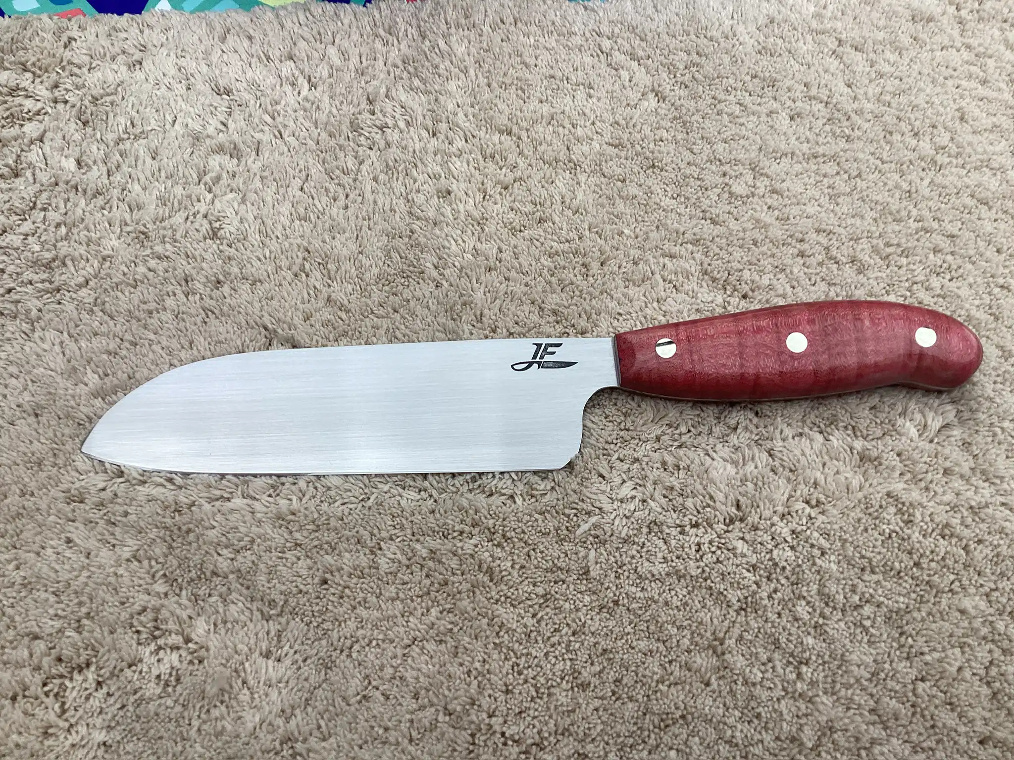 Chefs knife with pink stabilized maple wood handles - Front view