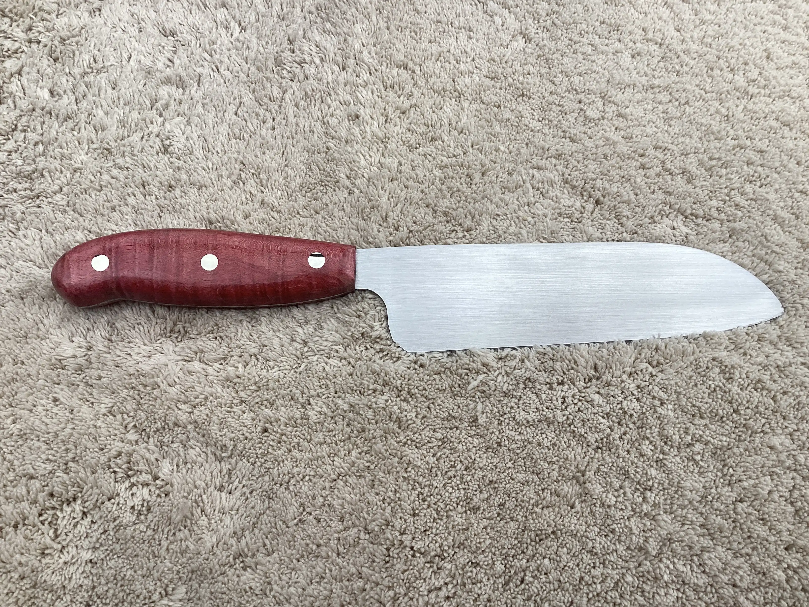 Chefs knife with pink stabilized maple wood handles - Rear view