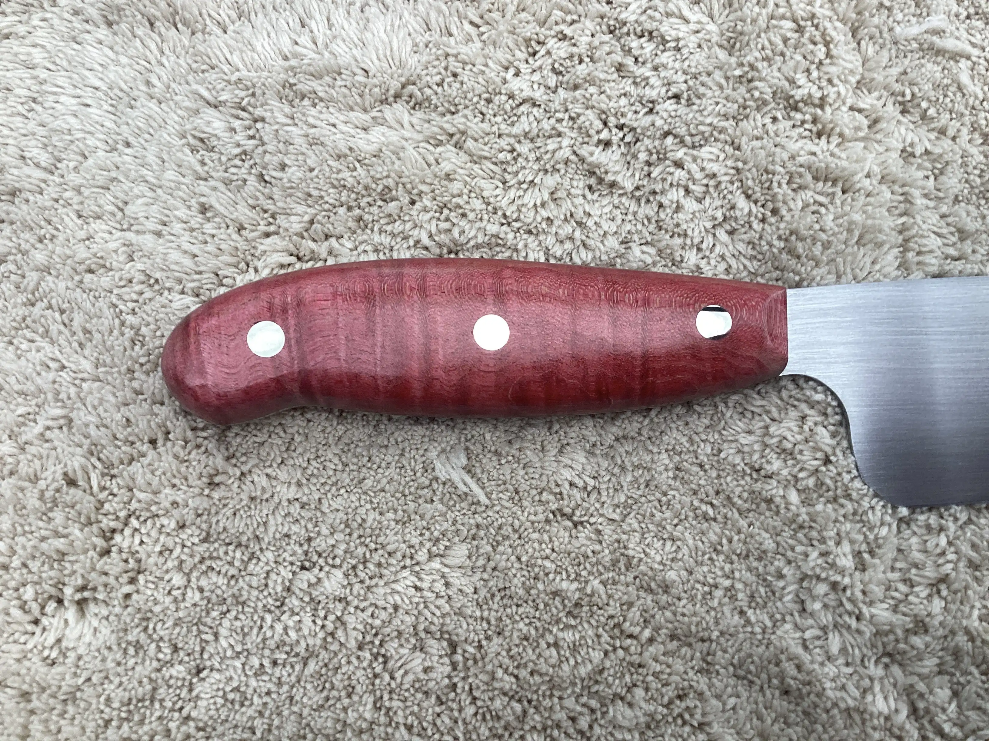 Chefs knife with pink stabilized maple wood handles - Front handle view