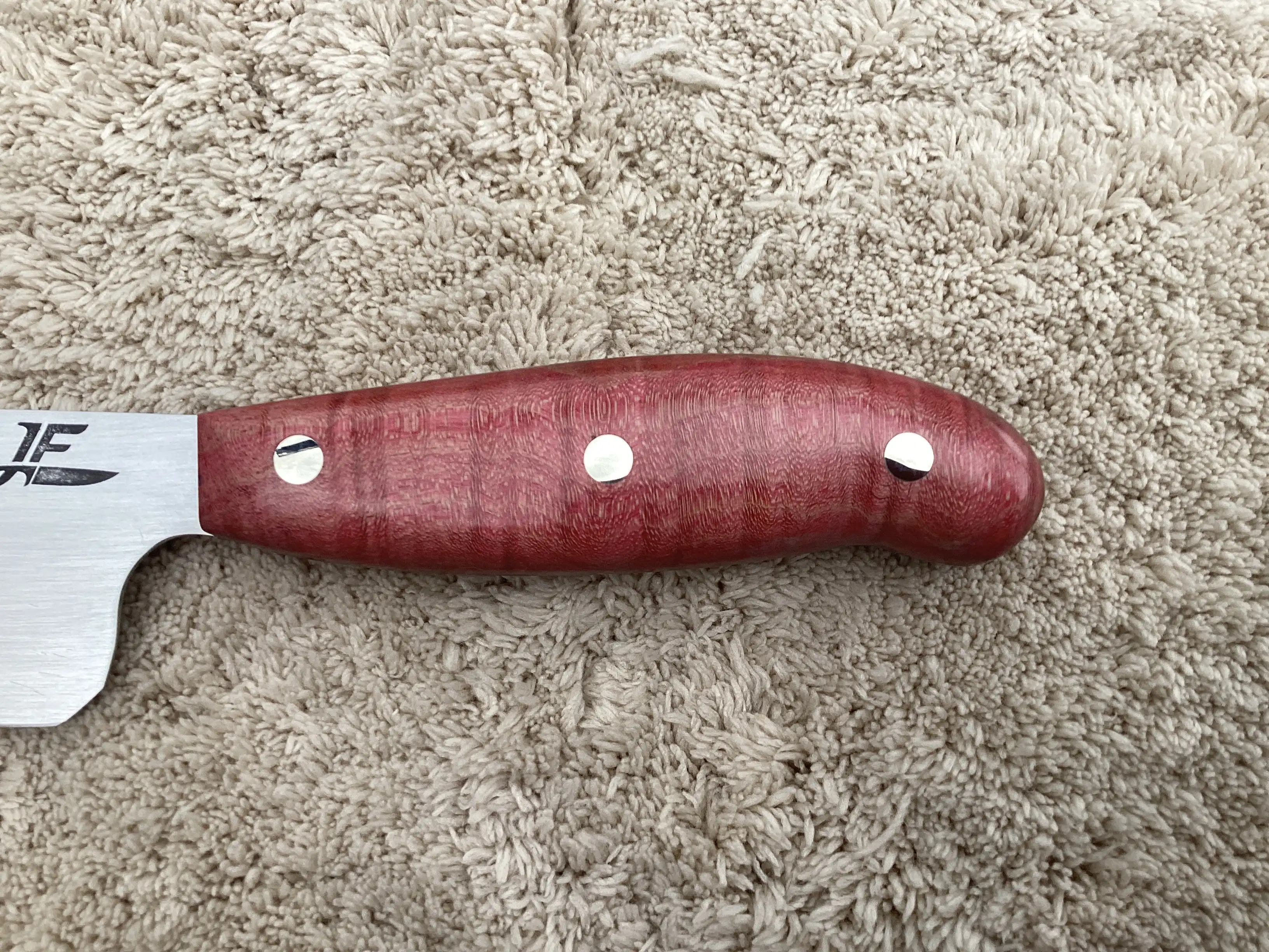 Chefs knife with pink stabilized maple wood handles - Rear handle view