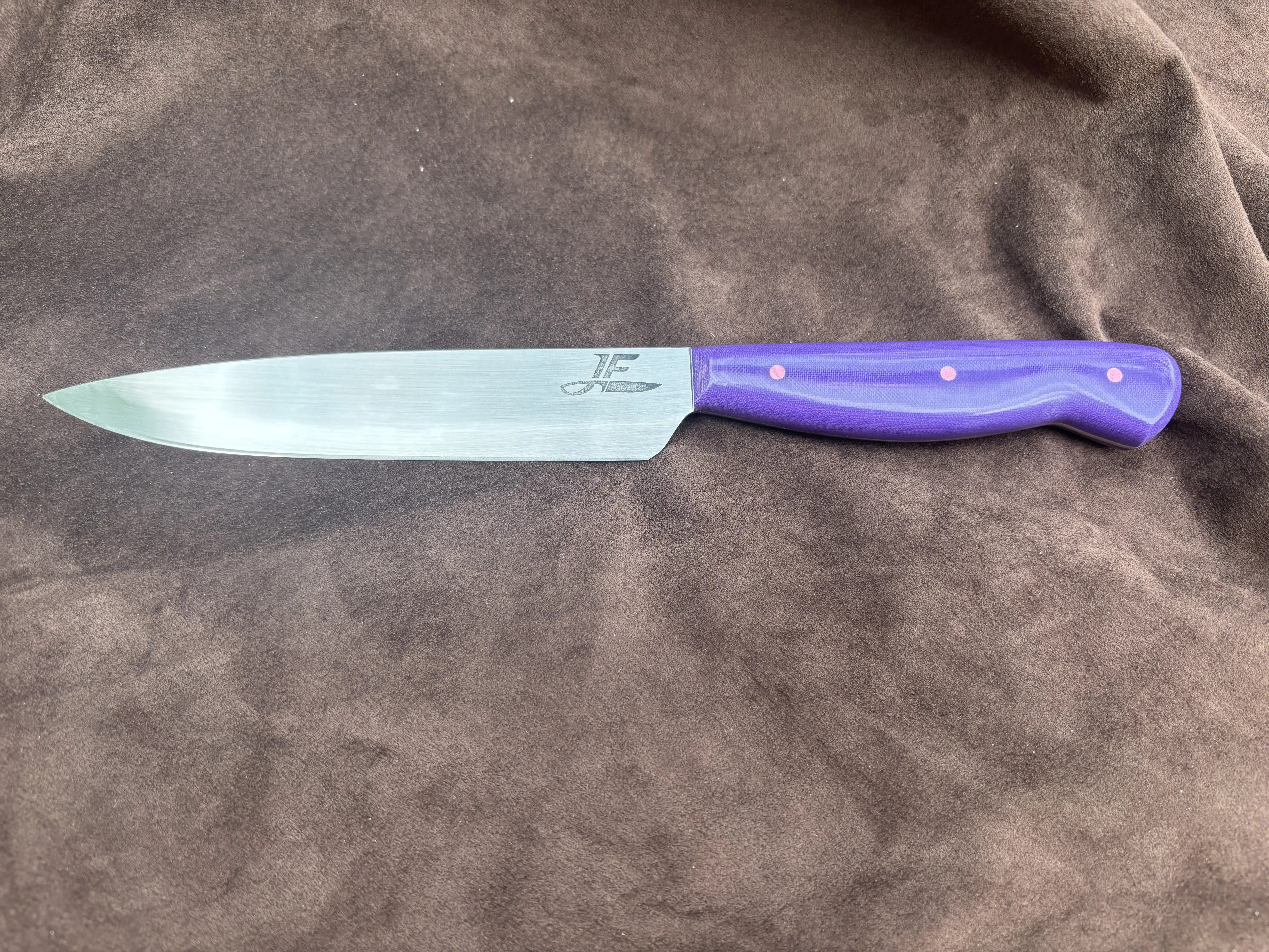 Kitchen prep knife with purple micarta handles - front view