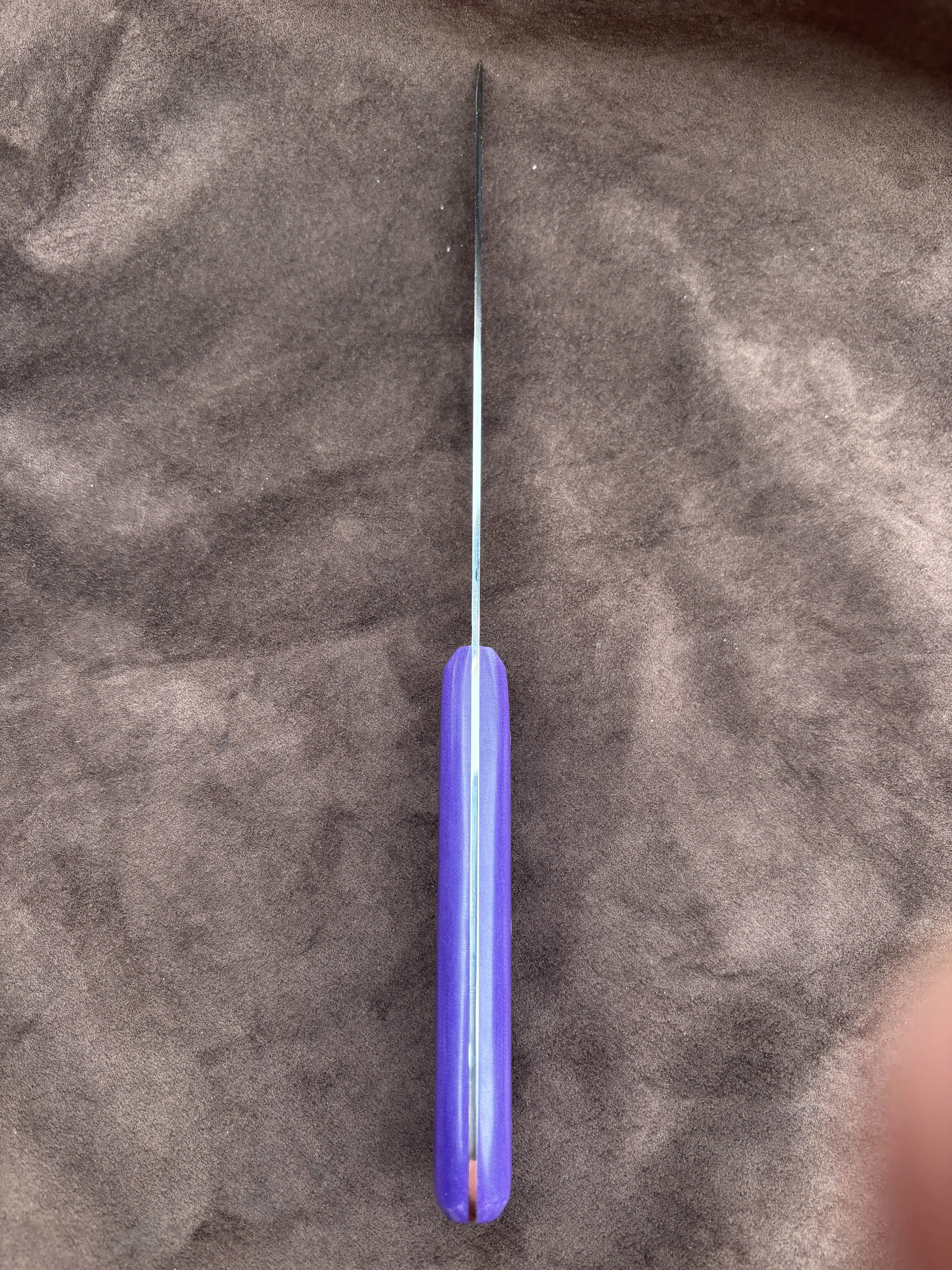 Kitchen prep knife with purple micarta handles - spine view