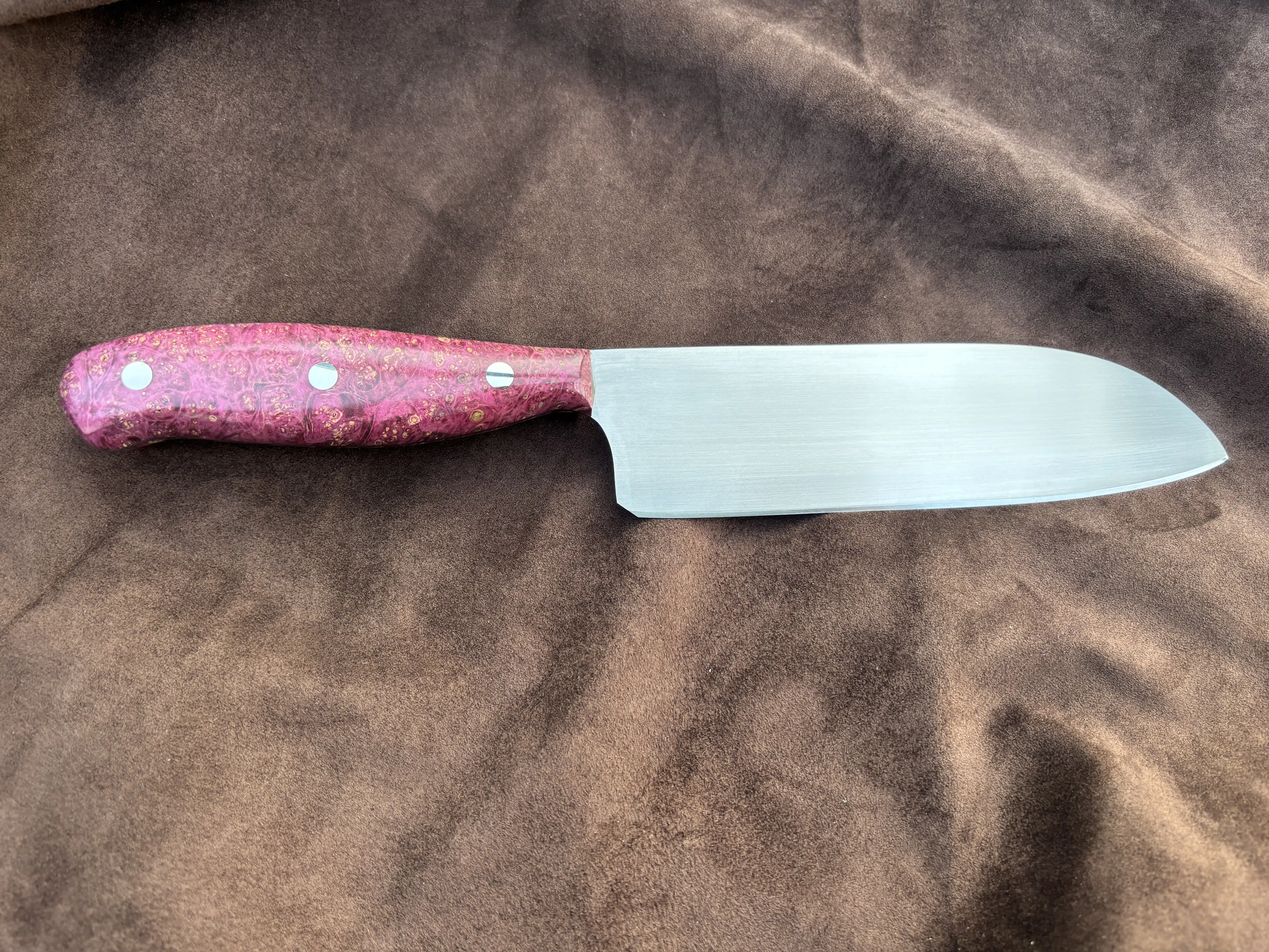 Chefs knife with dyed box elder wood handles - rear view