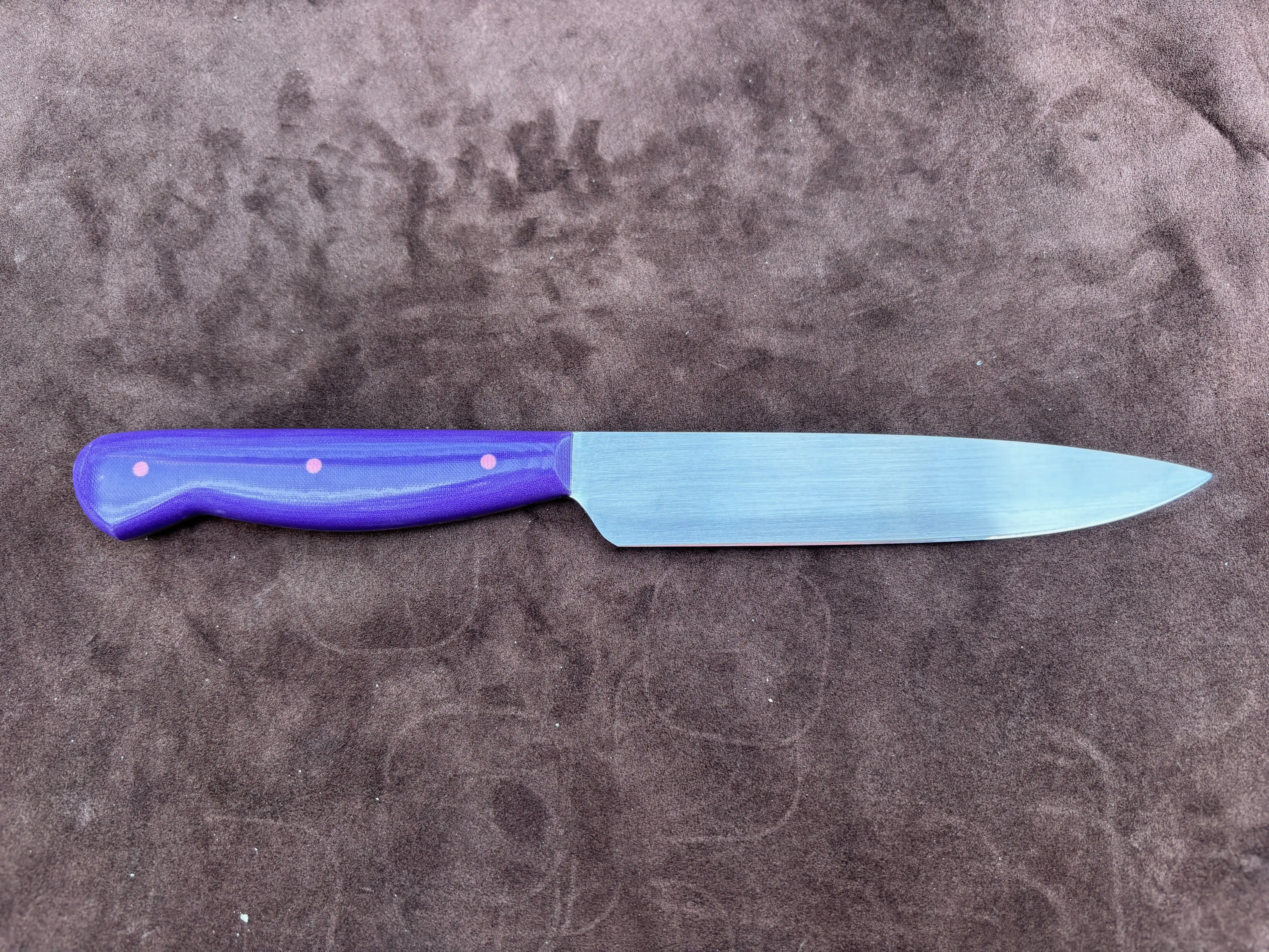 Kitchen Prep Knife with Purple Micarta Handles - Rear View