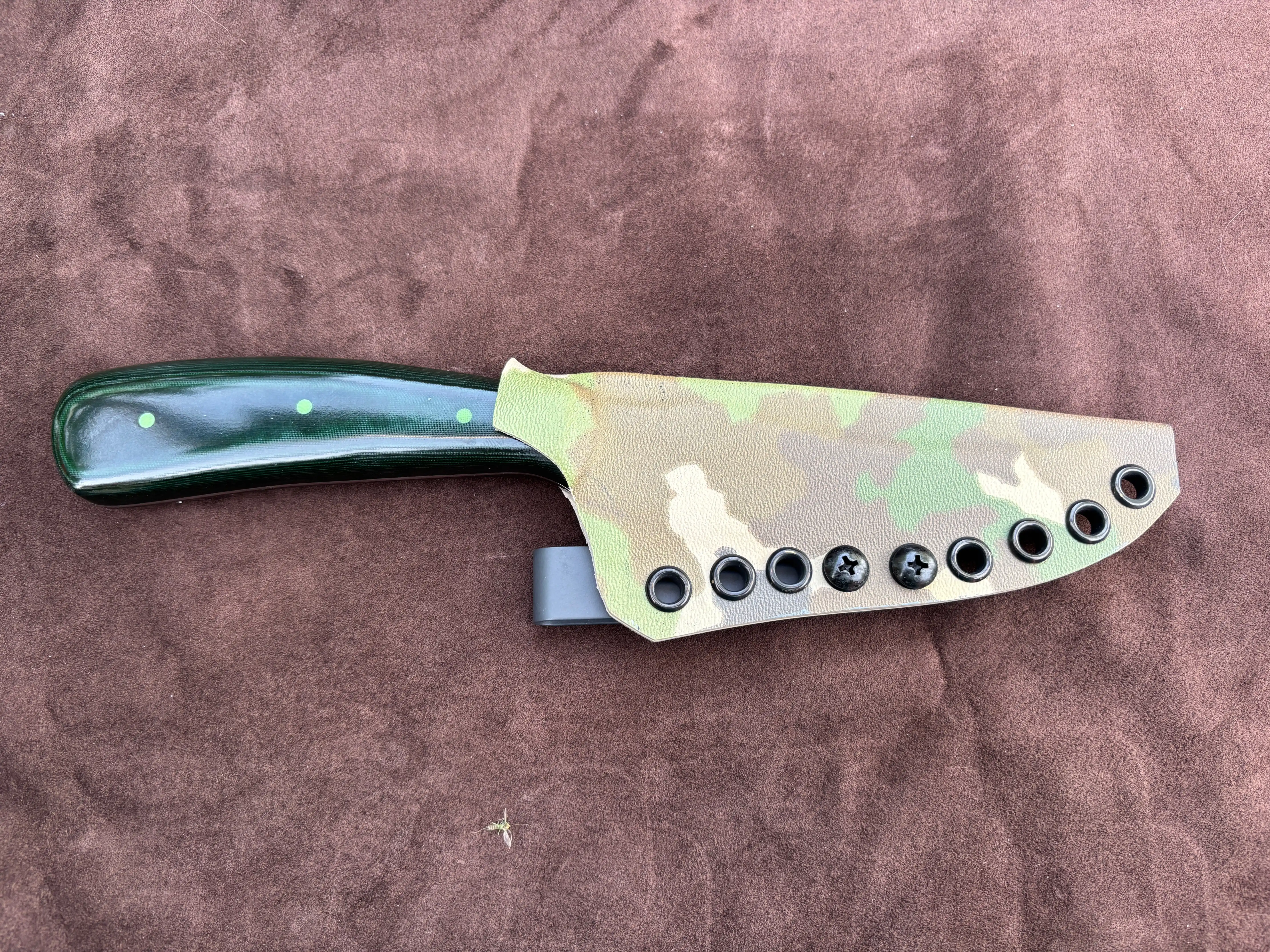 Sharpfinger Knife with Emerald Green Micarta Handles - Sheath View